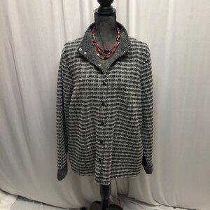 Villager Woman Liz Claiborne Jacket Size 3 Black White Striped Knit Snaps Comfy